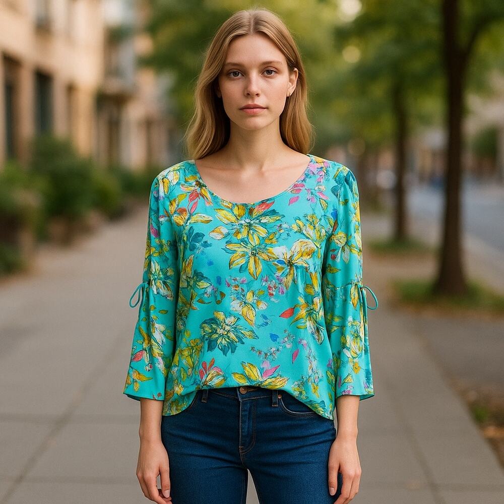 Forever Jade Womens‎ Blouse Size Medium Bell Sleeve Blue Floral Slits Ties